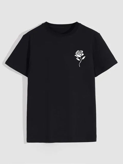 Men's Casual Crew Neck Rose Print T-Shirt (Regular/Oversize)