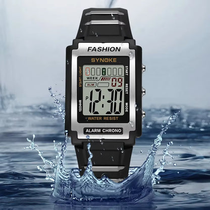 Men Rectangular Sports Electronic Watch Waterproof 50M Night Light Large Screen Alarm Clock Trend Retro Style