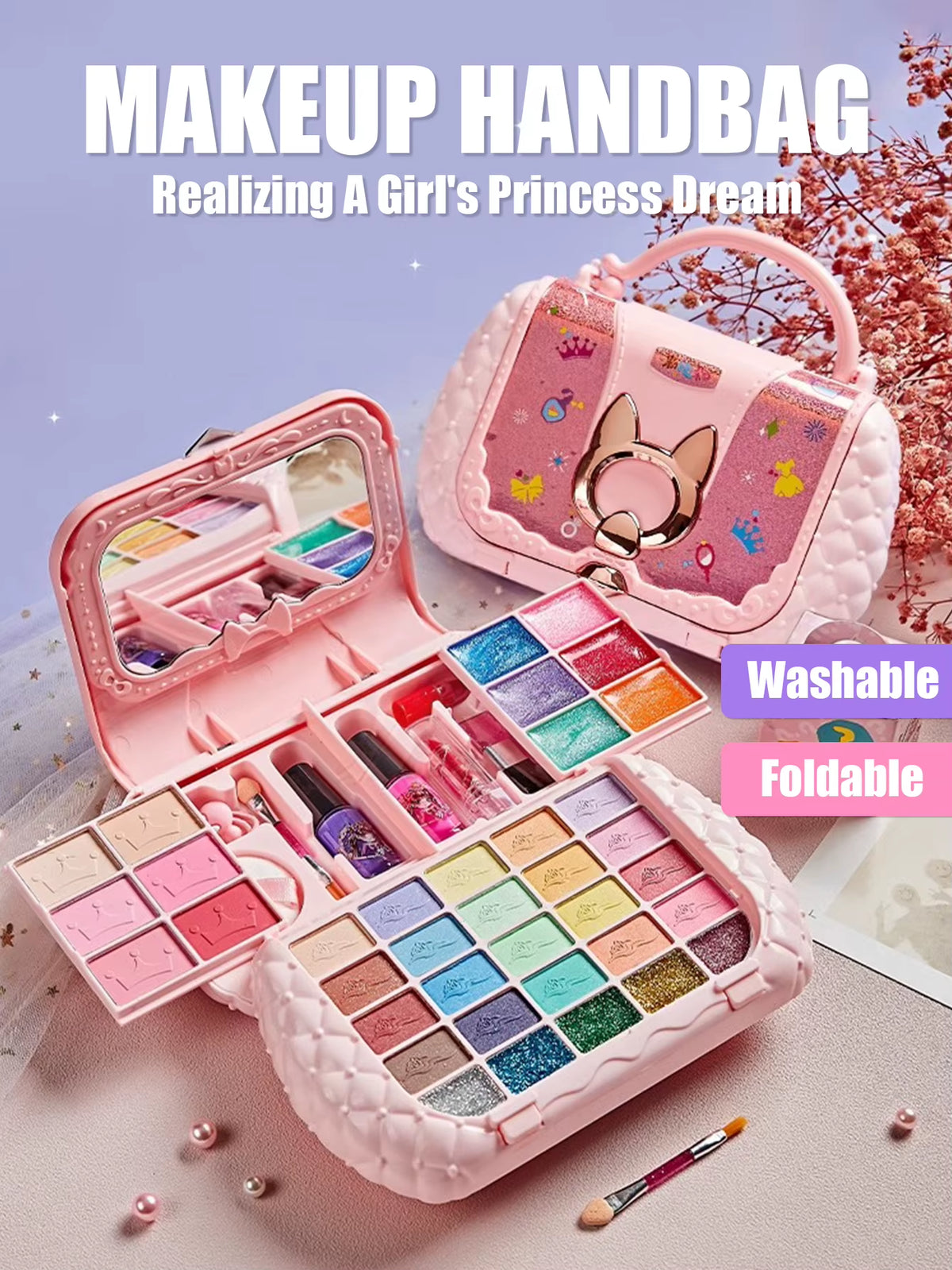 Unicorn Pegasus Kids Makeup Handbag Set, Washable Pretend Cosmetic Kit with Mirror, Girls Role Play Beauty Toy, Birthday Gift 3+
