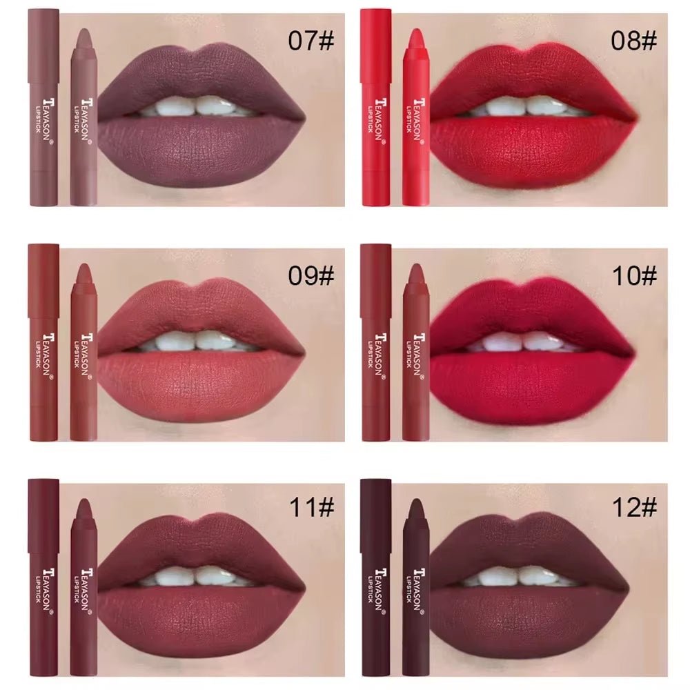12Colors Natural Matte Lipstick Pencil Silk Lip Glaze Waterproof Lipstick Sexy Long Lasting Makeup Non-Stick Cup Lip Tint