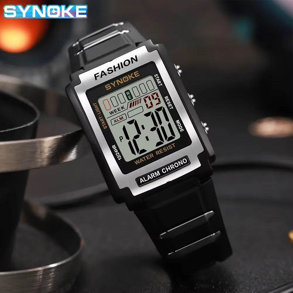 Men Rectangular Sports Electronic Watch Waterproof 50M Night Light Large Screen Alarm Clock Trend Retro Style