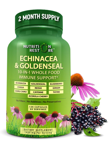Echinacea Goldenseal Capsules - 10 in 1 Immune Support Supplement - 1455Mg - Vegan Echinacea Capsules Supplement Made with Organic Whole Foods - Herbal Immune System Support - 2 Month Supply