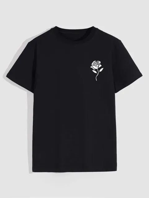 Men's Casual Crew Neck Rose Print T-Shirt (Regular/Oversize)