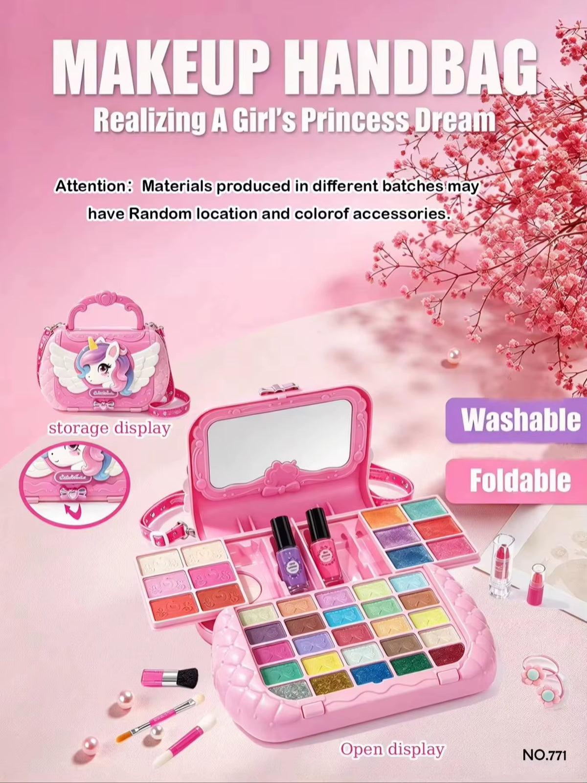 Unicorn Pegasus Kids Makeup Handbag Set, Washable Pretend Cosmetic Kit with Mirror, Girls Role Play Beauty Toy, Birthday Gift 3+